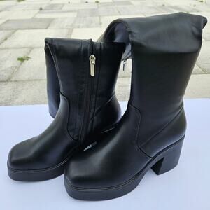 G.C. Shoes Black Knee High Platform Boots Square Toe Size 38